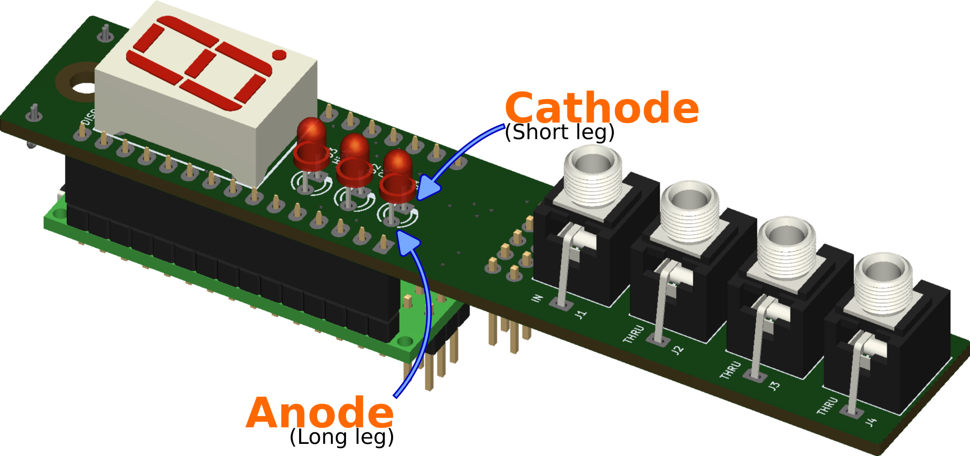 3D render view of the PCB, showing the orientation of the LEDs.